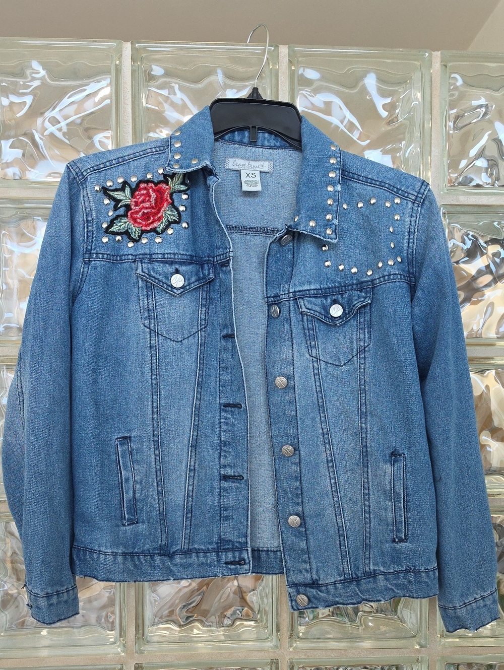 Crave Fame Blue Denim Jean Jacket with Red Rose Embroidery and Silver Studs